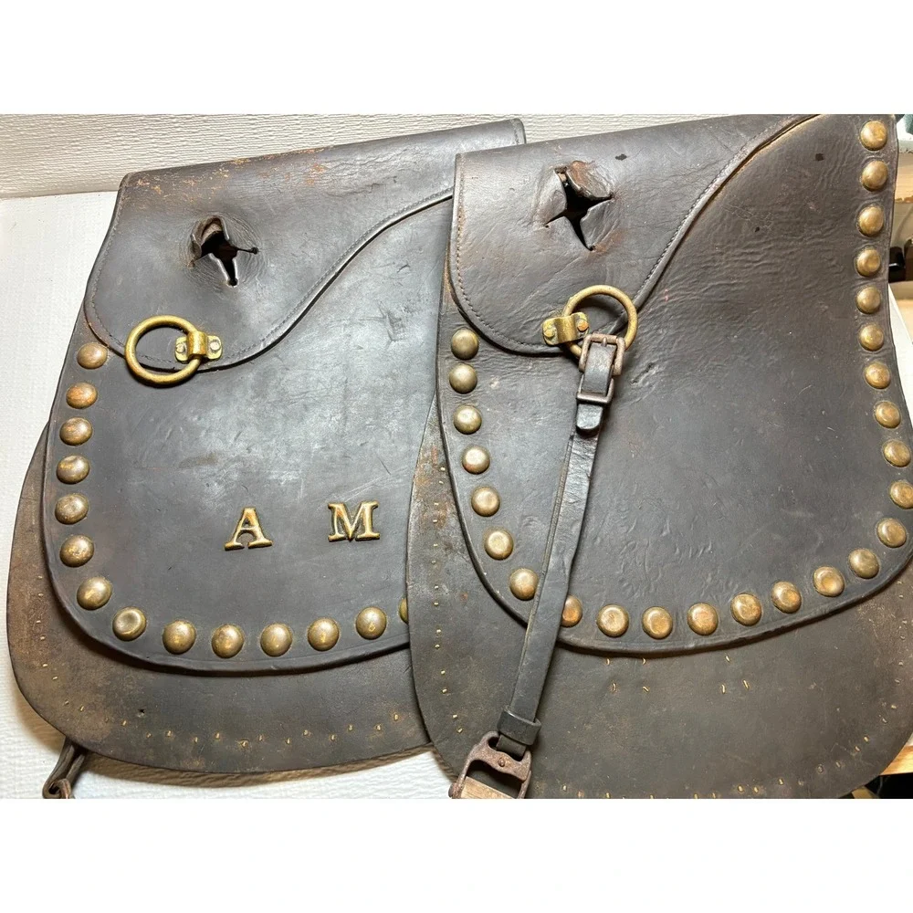 Vintage Studded Leather Motorcycle‎ Saddlebags AM Brass Detail Distressed